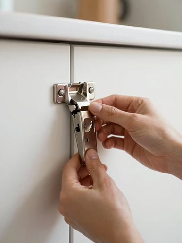 Close-up of hands installing shiny metallic hinges on a clean aluminum kitchen cabinet, bright natural indoor lighting, sharp focus on materials and hands, 35mm