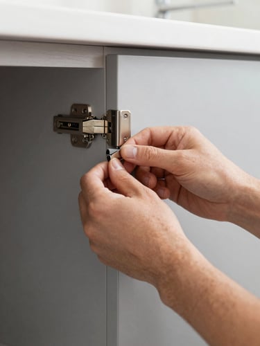 Close-up of a technician's hands installing a sleek metallic hinge on a clean gray aluminum kitchen cabinet, bright clean photography, natural indoor kitchen lighting, sharp focus on materials and hands, warm realistic tones, 35mm