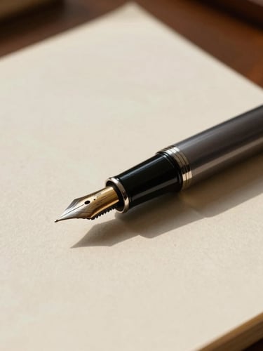 A close-up of a fountain pen resting on a textured cream paper document, natural window light casting soft shadows, heritage office setting.