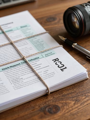 Tactile detail of bound corporate tax volumes and a fountain pen on a heavy oak desk, warm side lighting, shallow depth of field.