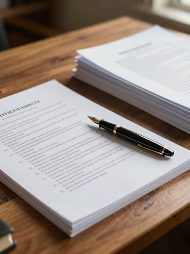 A close-up of a heavy oak desk with neatly stacked legal documents, a classic fountain pen resting on textured paper, illuminated by warm window light.