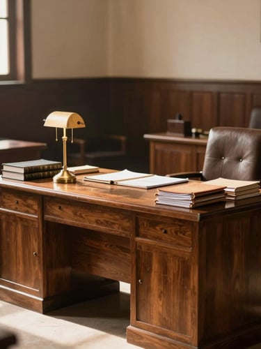 A quiet, sunlit law chamber in Lahore with a heavy oak desk, neatly arranged legal folios, and a brass lamp, captured from a respectful distance with warm side-lighting.
