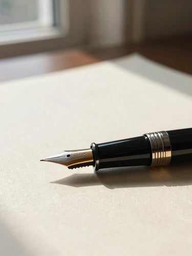 A close-up of a fountain pen resting on a textured, heavy cream paper document, natural side lighting from a tall window, soft shadow, elegant and quiet.