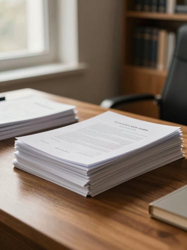 A quiet, well-lit architectural detail of the firm's workspace, showing a heavy oak desk with neatly stacked legal documents, warm side-lighting from a window.