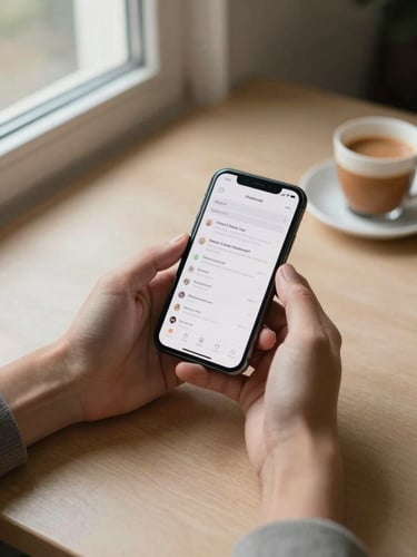 Wide shot of a person's hands holding a smartphone at a desk, screen showing a clean dashboard interface mid-scroll, natural daylight from a window to the left, a cup of chai visible in the far background, neutral warm-toned surface