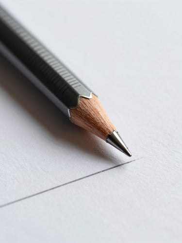 Macro shot of a technical mechanical pencil drawing a precise line on textured white paper, soft natural daylight, shallow depth of field.