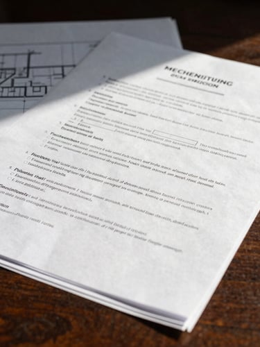 Close-up macro shot of official government bidding documents layered over architectural blueprints on a dark wooden desk, sharp natural side lighting, deep structural shadows.