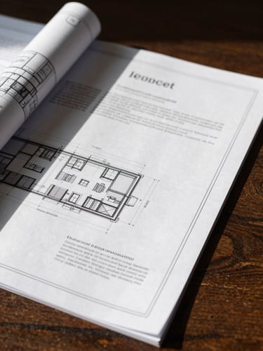 Macro shot of architectural blueprints layered next to legal documents on a dark wooden table, natural daylight casting sharp shadows