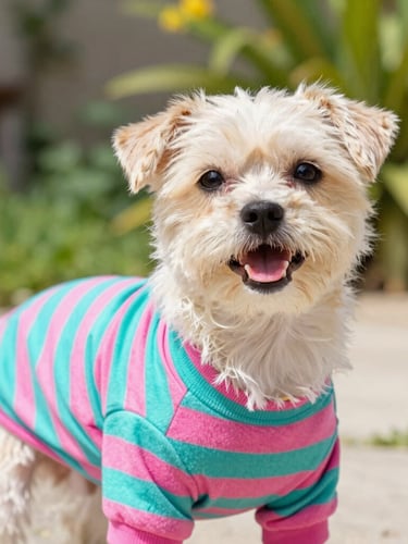 Close-up of a happy small dog wearing a vibrant teal and pink striped cotton shirt, looking directly at the camera, bright natural daylight, outdoor garden background