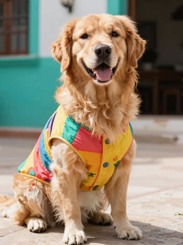 Bright pet photography, a happy golden retriever wearing a colorful handmade shirt, sitting in a sunny Mexican patio, vibrant teal accents, 50mm lens