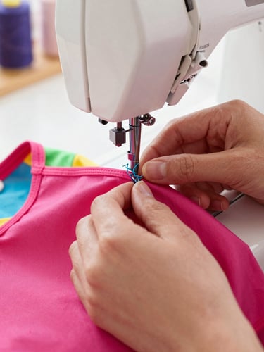 Close-up of hands carefully stitching a colorful pink pet garment on a sewing machine, vibrant fabrics, warm natural light, cozy workshop environment