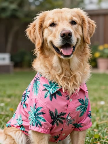 A happy golden retriever wearing a vibrant pink and teal tropical shirt, sitting proudly in a sunny backyard, soft focus, eye-level shot