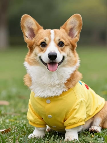 Bright pet photography, a happy corgi wearing a colorful custom-made yellow shirt, sitting proudly in a sunny park, crisp detail.