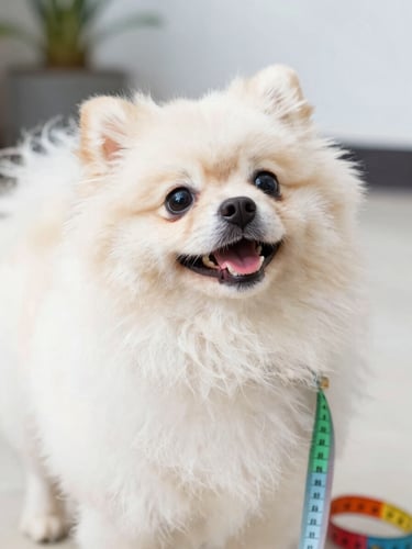 A happy fluffy Pomeranian looking up curiously next to a colorful measuring tape, bright natural daylight, soft focus.