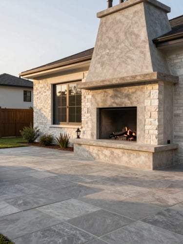 Wide-angle environmental shot of a premium residential patio with custom stone pavers, a heavy concrete outdoor fireplace, and crisp masonry joints under golden hour lighting
