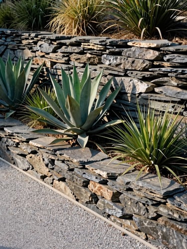 Tiered dry stone retaining wall with agave plants and ornamental grasses in a xeriscape garden.