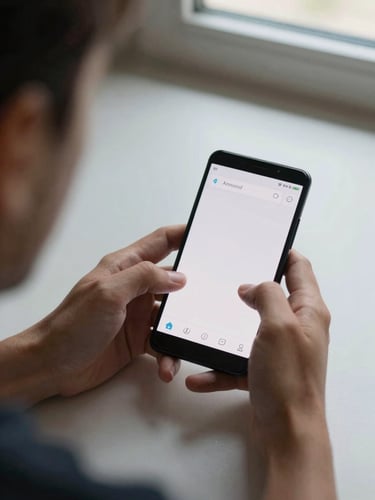 Over-the-shoulder view of hands typing on an Android phone resting on a plain desk, screen showing a simple app interface, flat daylight from a window, no faces visible, tight crop on hands and device