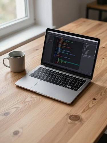 Wide flat-lay of a developer's desk in Cherkasy — a matte-finish laptop open to a code editor, a ceramic mug beside it, daylight from a window to the left, plain wooden surface, no people, neutral and clean