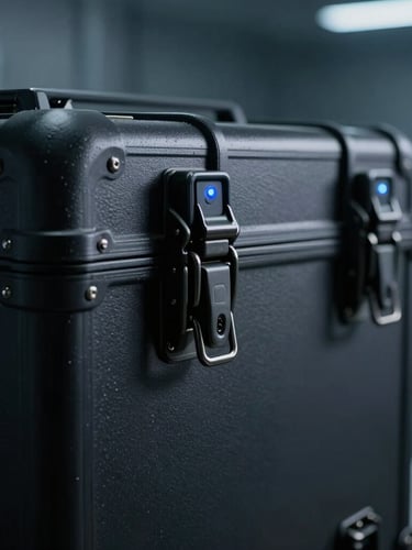Extreme close-up of a rugged, matte black military-grade hard drive transport case with heavy-duty metal latches, cool blue status LED, sterile cleanroom laboratory background, low-key dramatic studio lighting.