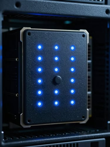 Macro shot of physical hardware security module inside a server rack, cool blue status indicator lights, sterile laboratory environment, dark cinematic photography, sharp macro lens.