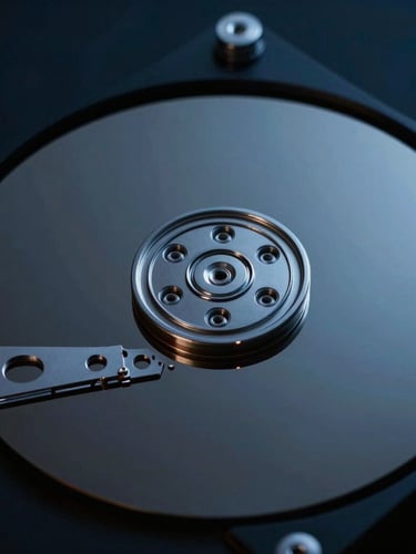 Extreme close-up of a clean-room hard drive platter, high-security command center aesthetic, cool low-key studio lighting, deep navy and slate tones