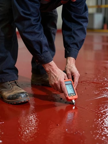 Close-up of a technician in safety boots measuring the dry film thickness of a cured red industrial epoxy floor with a digital gauge