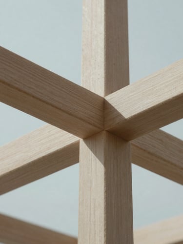 Macro detail of precision-crafted wooden joints in a minimalist architectural structure, soft natural light, clean geometric lines, 35mm lens