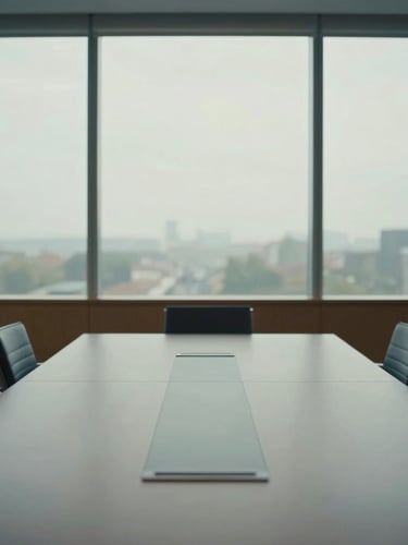 Wide cinematic architectural shot of a quiet, modern boardroom, soft natural daylight filtering through large windows, desaturated cool tones, sharp focus, 35mm lens.
