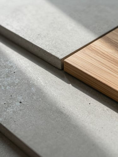 Close-up of high-quality architectural materials, concrete and warm wood accents, soft natural light with high-contrast shadows