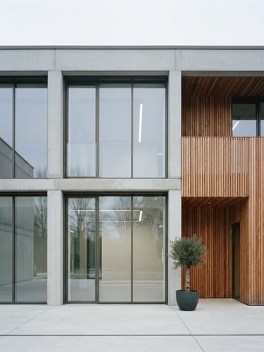 Minimalist architectural photography of a modern building facade, soft natural daylight, desaturated cool tones, sharp focus, 35mm lens
