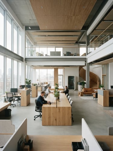 Wide cinematic architectural shot of a modern workplace interior, soft natural daylight, desaturated cool tones with warm wood accents, sharp focus, 35mm lens.