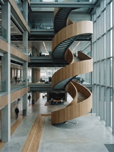 Cinematic architectural shot of a modern corporate atrium, soft natural daylight, desaturated cool tones with warm wood accents, sharp focus, 35mm lens.