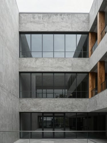 Minimalist architectural photography of a modern concrete and glass atrium, soft natural daylight, desaturated cool tones with warm wood accents, sharp focus, 35mm lens.