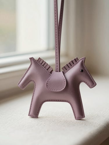 Macro photograph of a pristine Hermès Pegase charm in mauve sylvestre Milo lambskin, soft natural window light, cream linen background, shallow depth of field, 35mm.