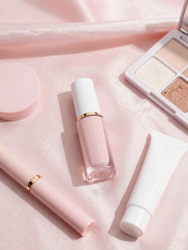 Overhead flatlay of premium aesthetic makeup products, soft pink silk background, natural diffused daylight, soft-girl coquette aesthetic