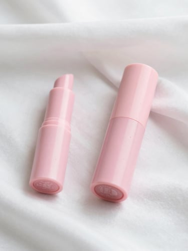 Soft editorial beauty flatlay, pastel pink cosmetics on draped white silk, diffused natural daylight, shallow depth of field