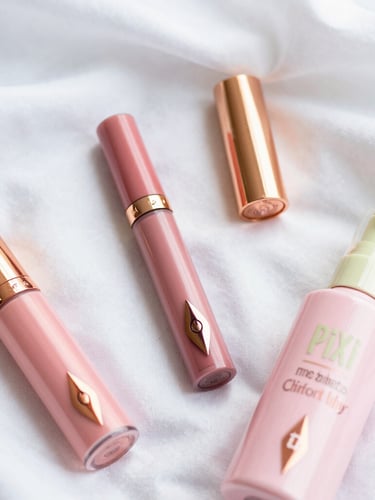 Overhead flatlay of premium pink cosmetics, Charlotte Tilbury and Pixi bottles on soft white silk, diffused natural morning light, shallow depth of field