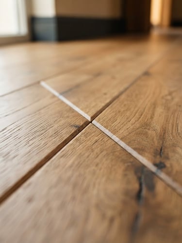 Macro close-up of a flawless miter joint in premium hardwood flooring, warm natural light reflecting off a satin oak finish, architectural detail, shallow depth of field, 35mm