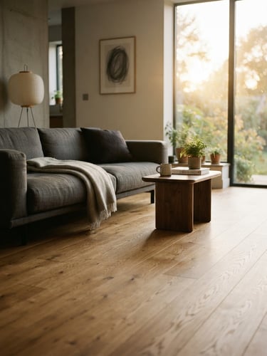 Low-angle architectural shot of a minimalist living room with wide-plank white oak flooring, warm golden-hour light streaming from a large window, shallow depth of field, 35mm