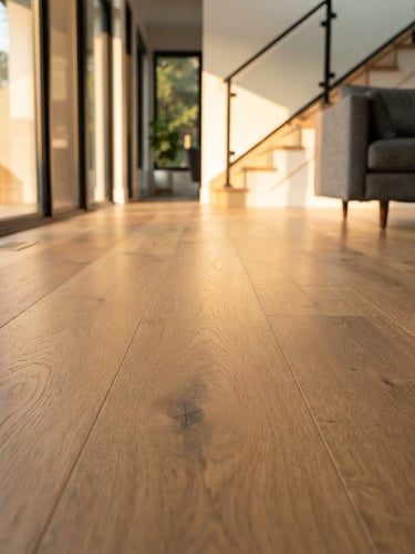 Low-angle architectural shot of finished premium white oak hardwood flooring, natural golden-hour window light reflecting off the smooth matte surface, clean modern room