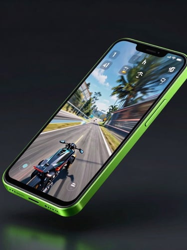 Isometric 3D render of a sleek Android smartphone floating in darkness, neon green edge-glow reflecting off the screen displaying a high-speed racing game, dark obsidian background.