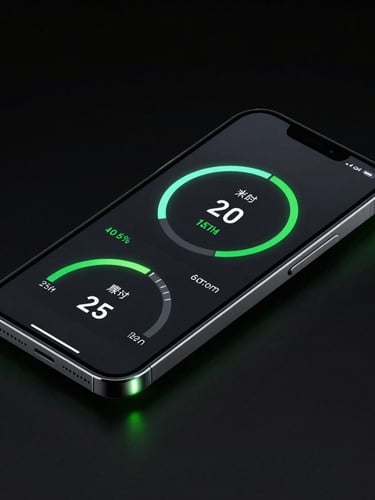 Isometric high-contrast 3D mockup of a dark mobile interface showing system storage metrics, illuminated by sharp electric green edge-glows against a pitch-black background.