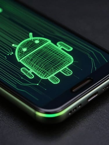 Macro close-up of a high-fidelity Android device mockup showing a dark-mode user interface with electric green wireframes, low-key neon edge-glow lighting, isometric angle.