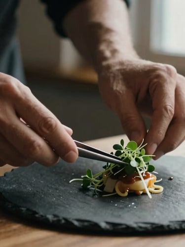 Close-up of chef's hands carefully plating a delicate dish with tweezers, fresh microgreens, dark slate plate, soft side window light, moody shadows, 35mm film