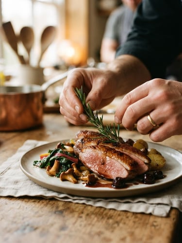 A close-up of hands placing a fresh rosemary sprig onto a beautifully plated roasted duck breast, soft window light, warm kitchen textures, 35mm film