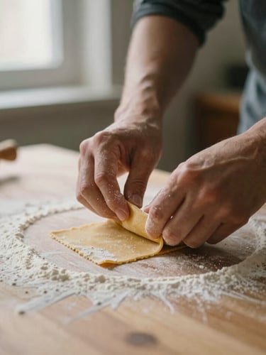 A close-up of hands preparing hand-rolled pasta on a flour-dusted wooden table, soft directional window light, shallow depth of field.
