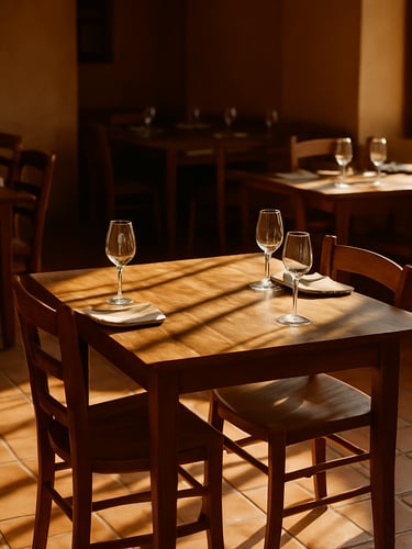 An empty, sun-drenched dining room of a high-end rustic restaurant, warm terracotta tiles, wooden tables set with empty wine glasses, natural light casting long shadows, 35mm film