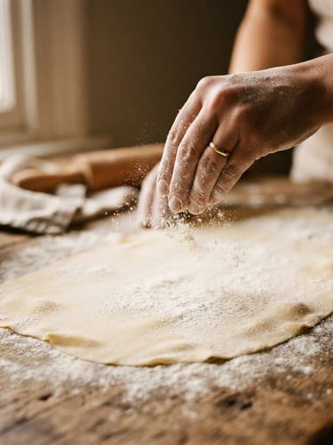 Close-up macro shot of hands dusting flour over freshly rolled pasta dough on a rustic wooden table, soft directional window light, rich shadows, warm editorial photography, 35mm film.
