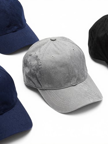 Symmetrical flat-lay of three premium branded corporate caps in navy, slate gray, and black, high-end retail photography, sharp focus