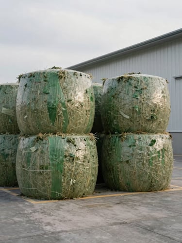 High-density silage bales wrapped in cool-toned protective green film stacked in a clean, modern, industrial dairy facility under bright overcast morning light.